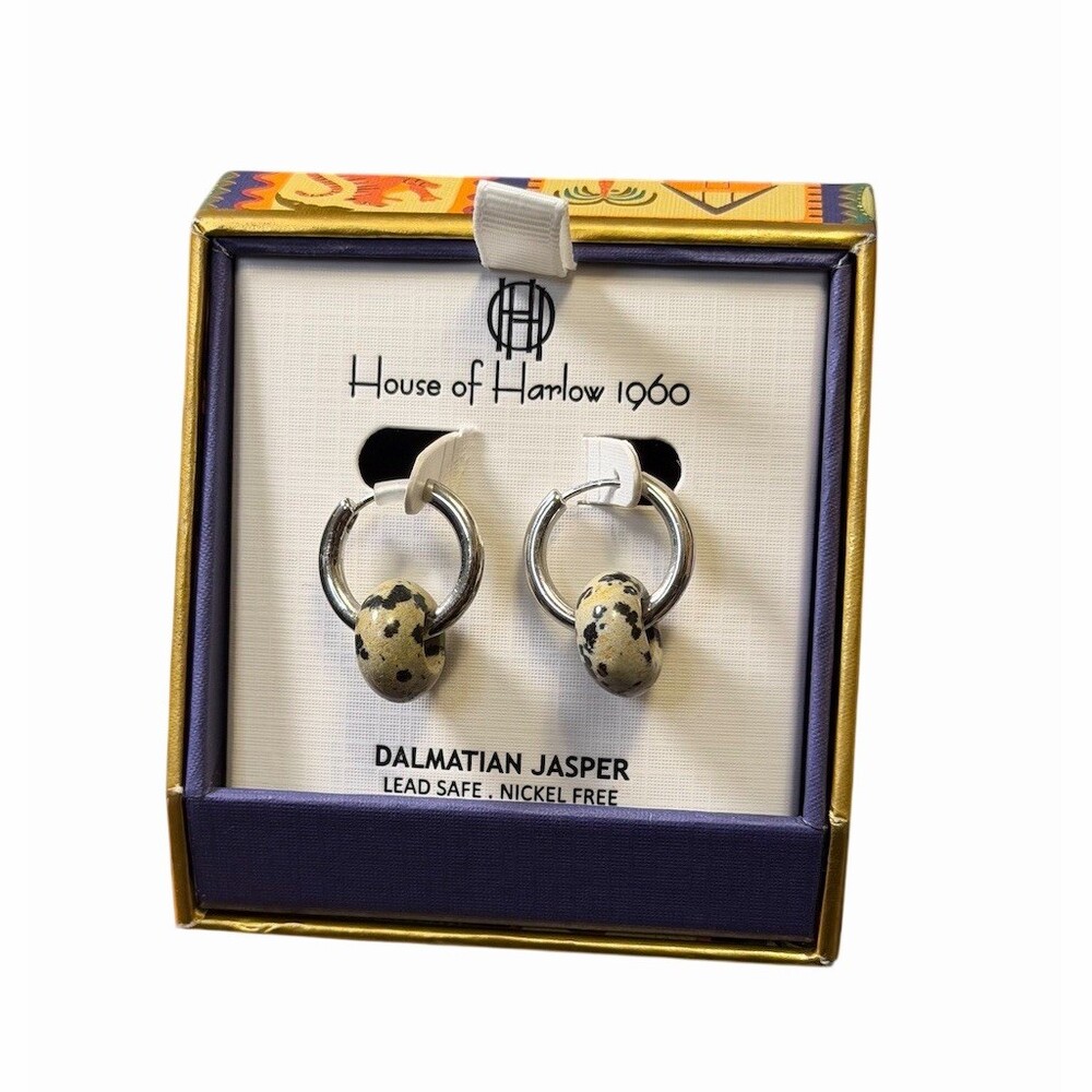 House of Harlow 1960 Silver Toned Huggie Hoop Dalmatian Jasper Earrings NWT